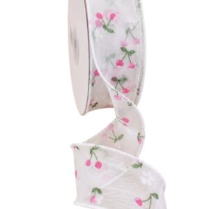 Fita de Organza 38mm Estampada com Cerejas - O metro